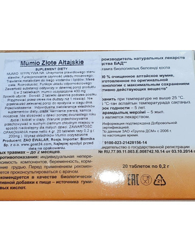 Mumio Złote 200 mg 20 tabletek