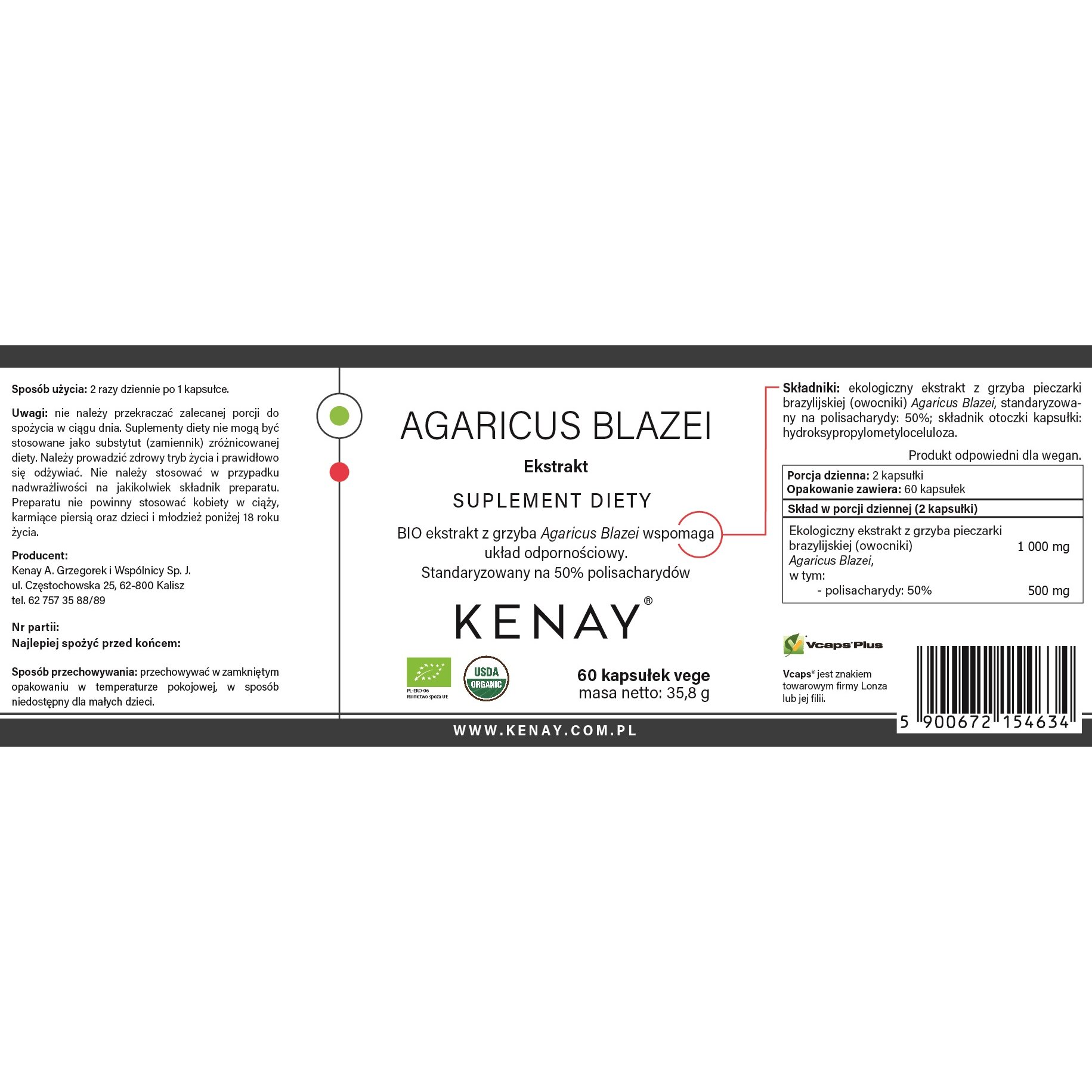 Agaricus_blazei_Pieczarka_brazylijska_BIO-60_kaps-155x57-EAN_5900672154634-Kenay_PL-1.jpg Agaricus Blazei Pieczarka brazylijska 60 kaps. PL-EKO-06 - obrazek 2