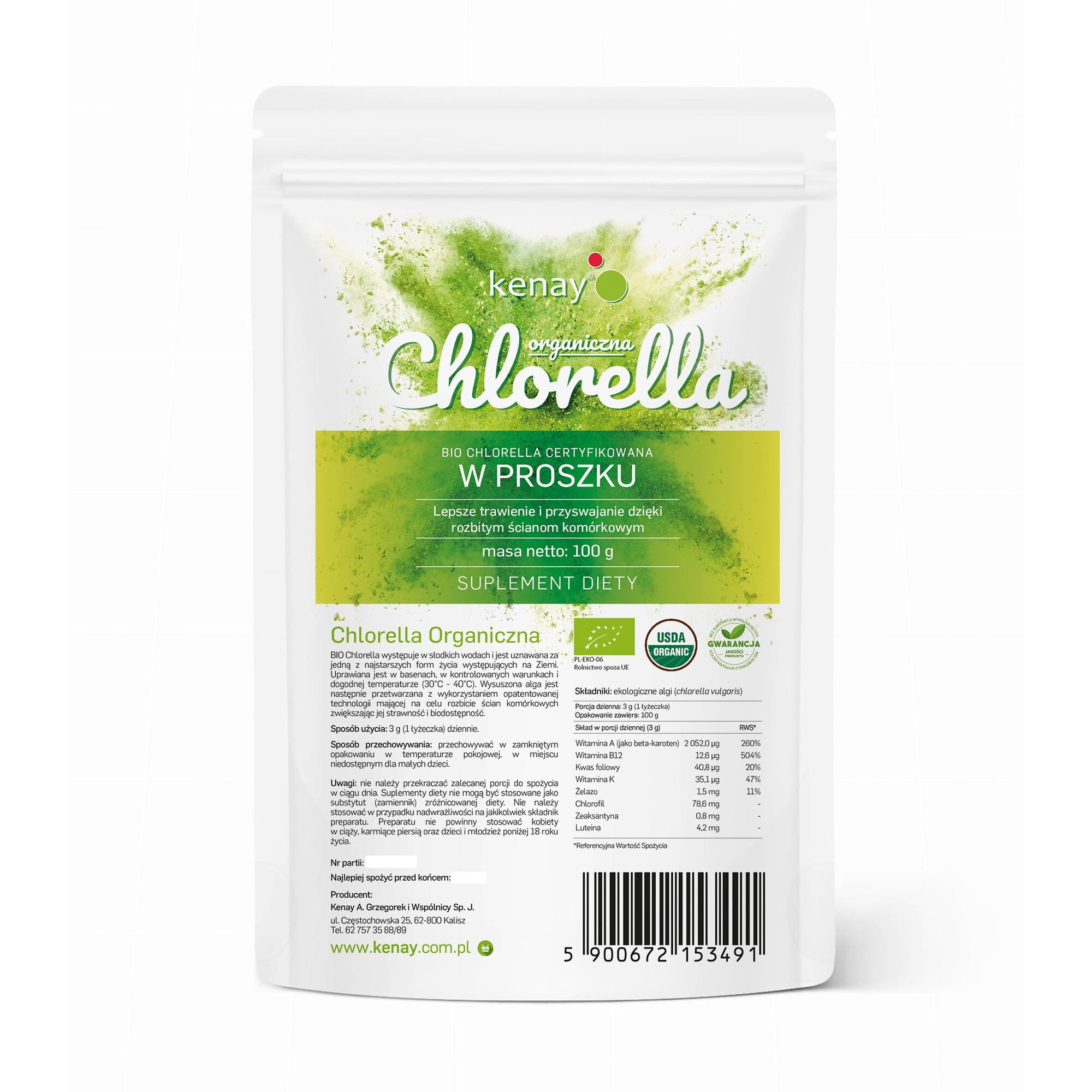 Chlorella-organiczna-100g-Kenay-1.jpg CHLORELLA ORGANICZNA w proszku - 100 g PL-EKO-06 - obrazek 1