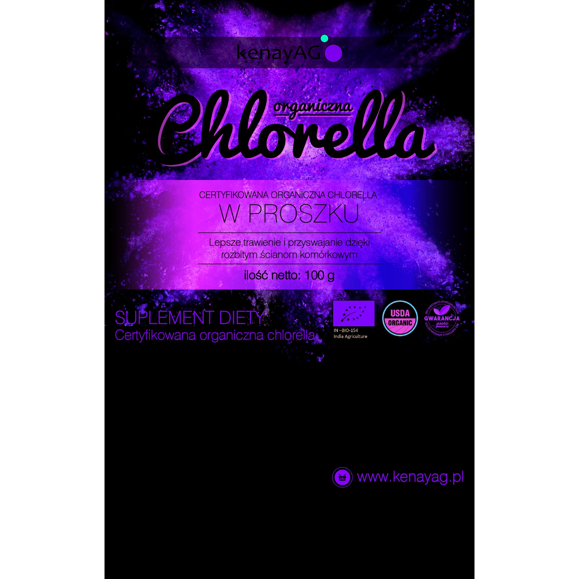Chlorella_organiczna_100g-etykieta-01-1.jpg CHLORELLA ORGANICZNA w proszku - 100 g PL-EKO-06 - obrazek 2