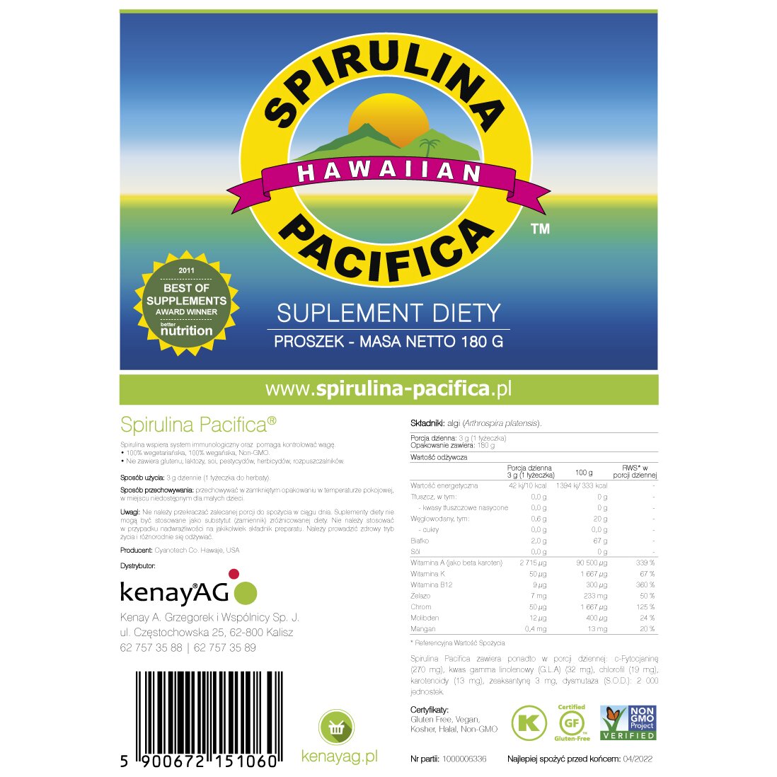 Spirulina-180g-etykieta-1.jpg SPIRULINA PACIFICA w proszku -180 g - obrazek 2