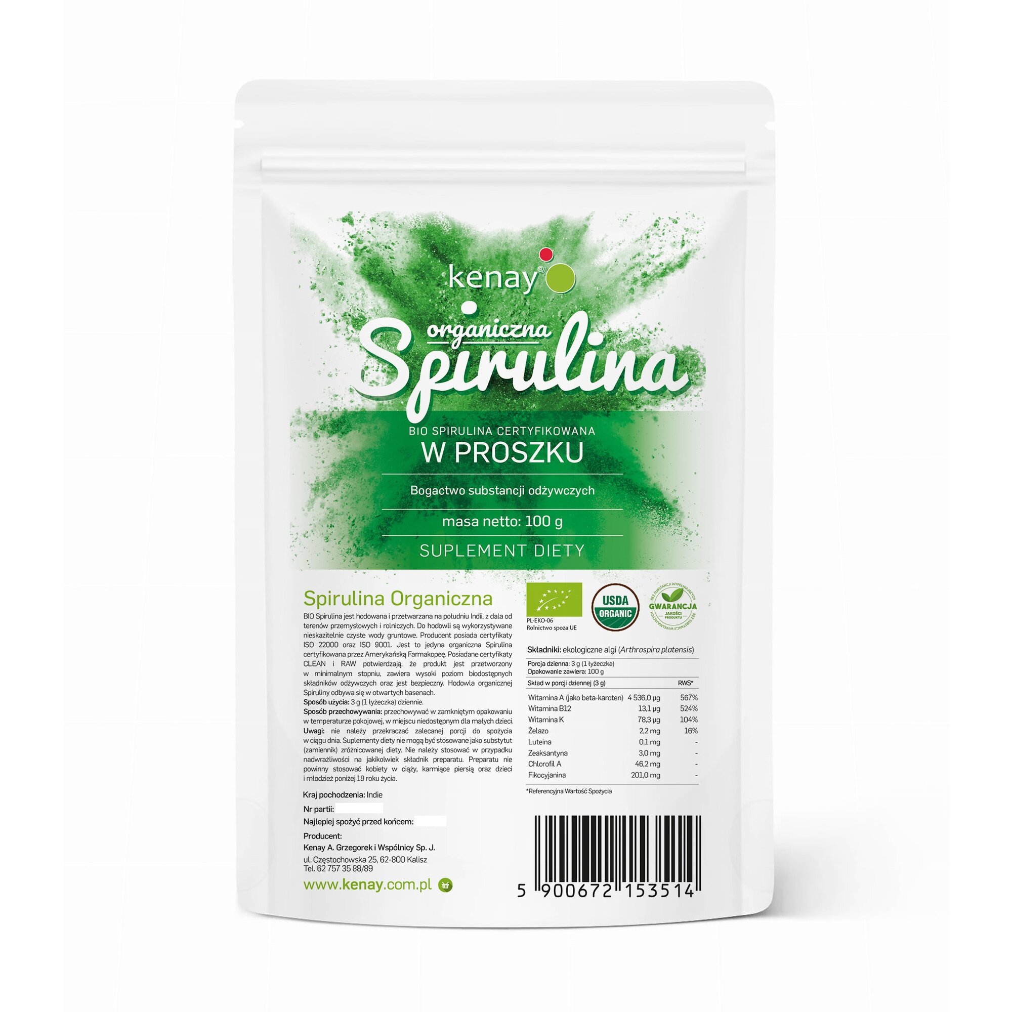 Spirulina-organiczna-100g-Kenay-1.jpg SPIRULINA ORGANICZNA w proszku - 100 g PL-EKO-06 - obrazek 1