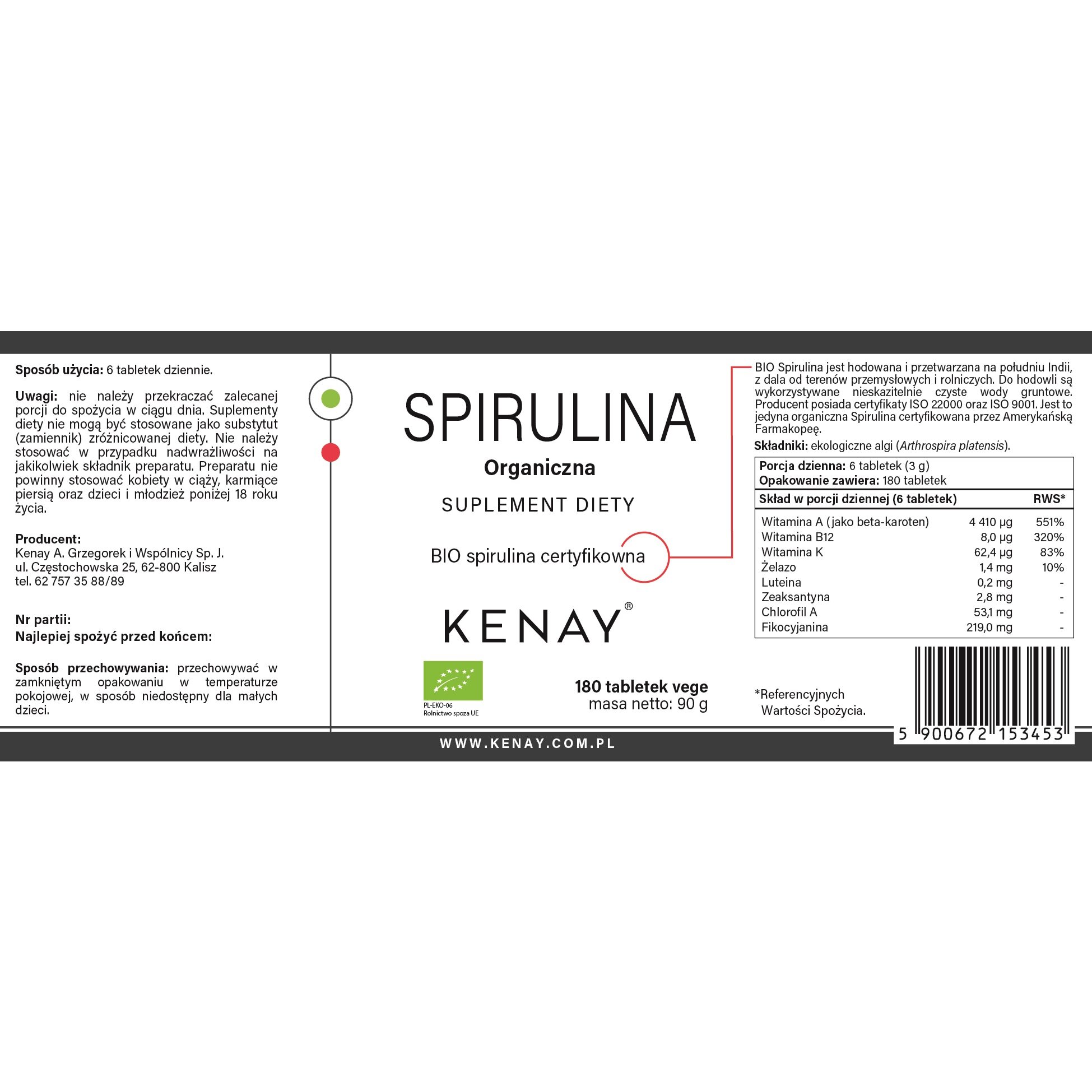 Spirulina_organiczna_BIO-180_tabl-165x65-EAN_5900672153453-Kenay_PL-1.jpg SPIRULINA ORGANICZNA - 180 tabl. PL-EKO-06 - obrazek 2