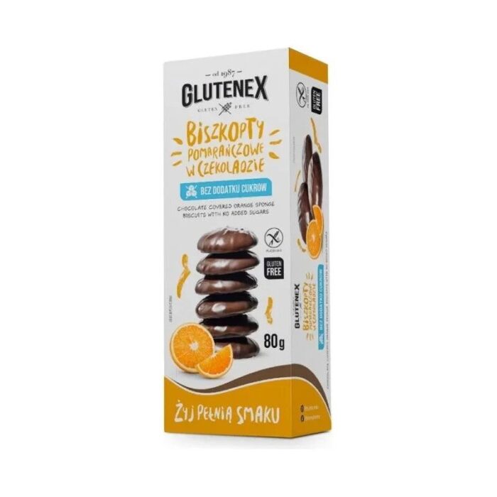 BISZKOPTY POMARAŃCZOWE W CZEKOLADZIE BEZ DODATKU CUKRÓW BEZGLUTENOWE 80 g - GLUTENEX - obrazek 1