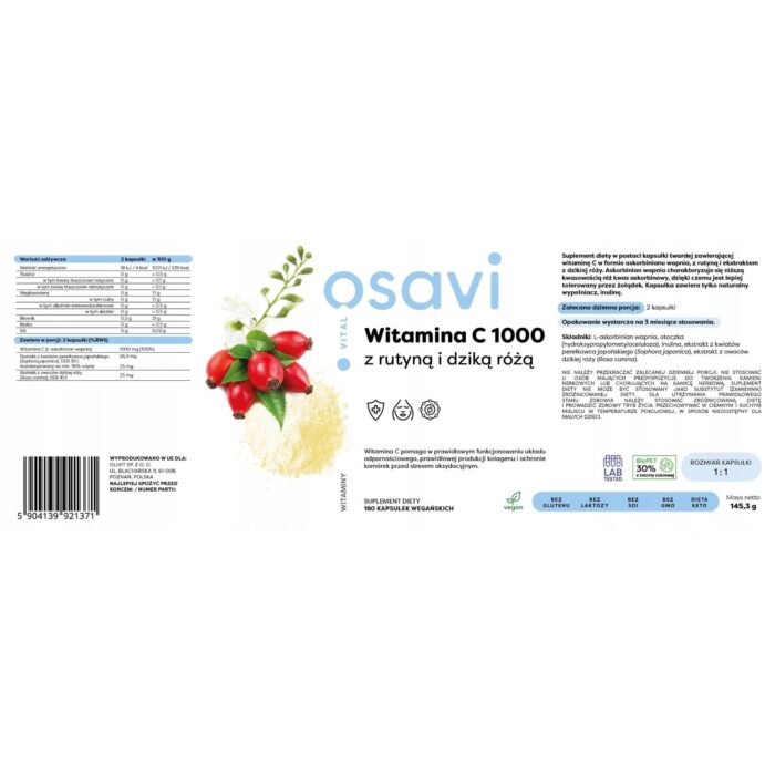 Witamina C1000 z Rutyną i Dziką Różą - 180 vegan caps - obrazek 3