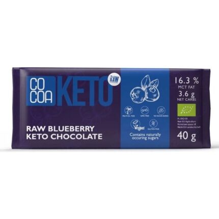 CZEKOLADA Z JAGODAMI I OLEJEM MCT BEZ DODATKU CUKRÓW BEZGLUTENOWA KETO BIO 40 g - COCOA