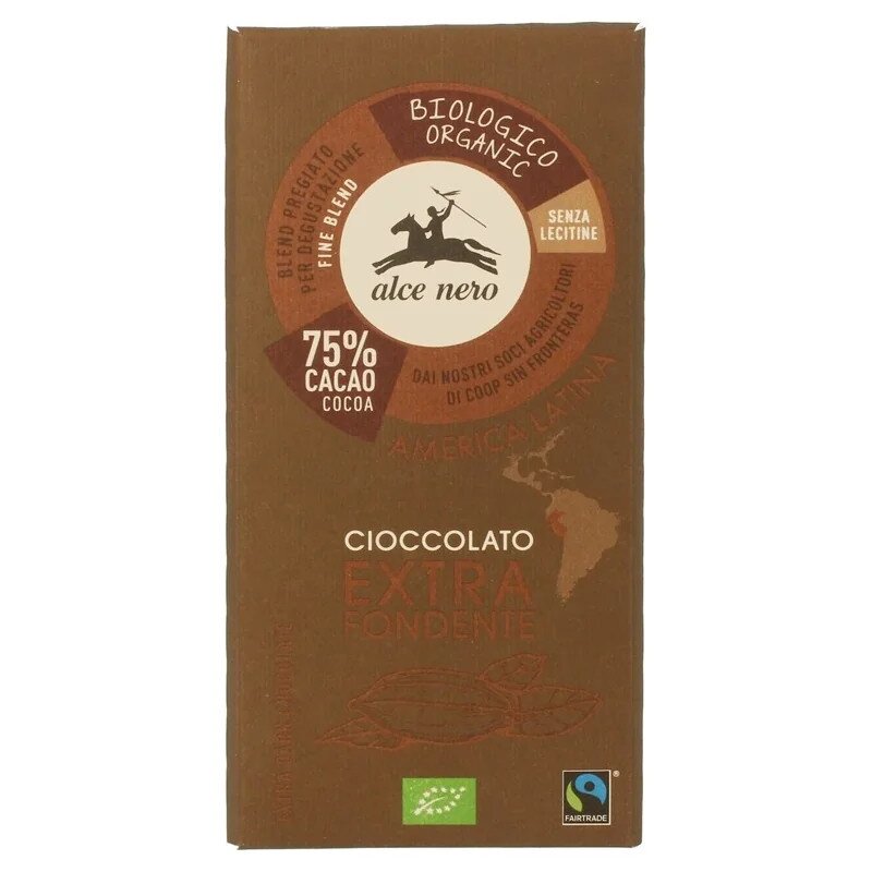 czekolada-gorzka-100galce-nerobio-2.jpg CZEKOLADA GORZKA 75 % FAIR TRADE BEZGLUTENOWA BIO 100 g - ALCE NERO - obrazek 1