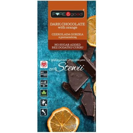 CZEKOLADA GORZKA Z POMARAŃCZĄ ZE STEWIĄ BEZ DODATKU CUKRÓW BEZGLUTENOWA 125 g - PURE&GOOD