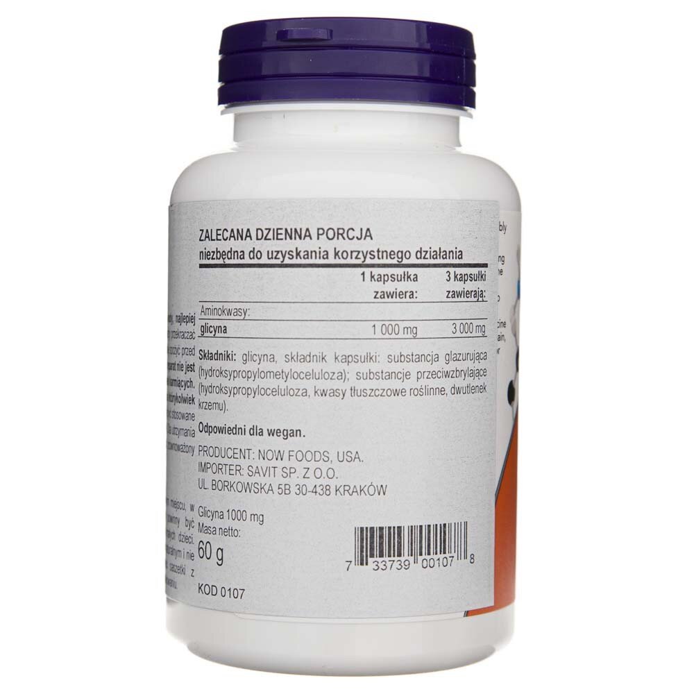 now107-3-1-1.jpg Now Foods Glicyna 1000 mg - 100 kapsułek - obrazek 3