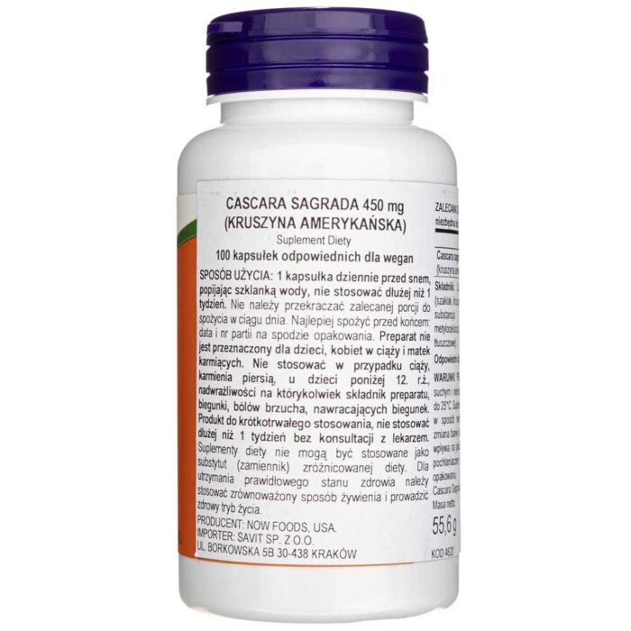 Now Foods Cascara Sagrada 450 mg - 100 kapsułek - obrazek 2