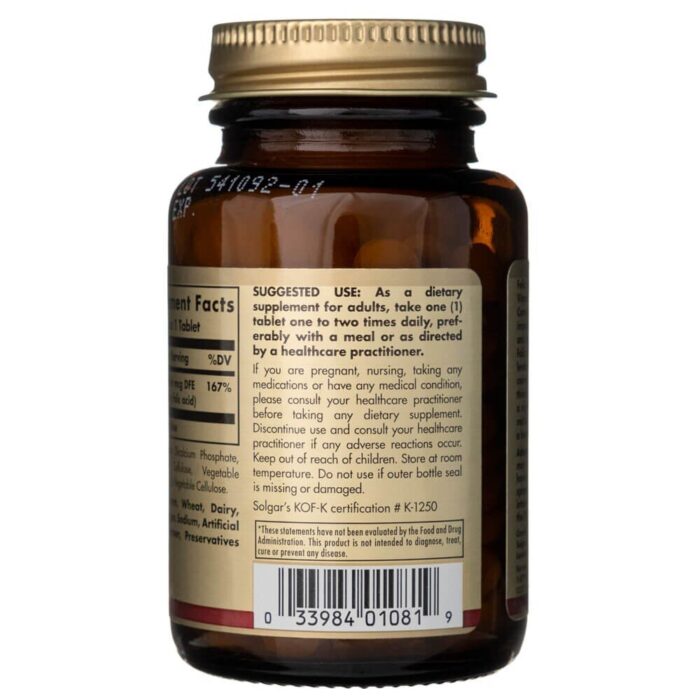 Solgar Foliany 400 mcg (Kwas Foliowy) - 250 tabletek - obrazek 3