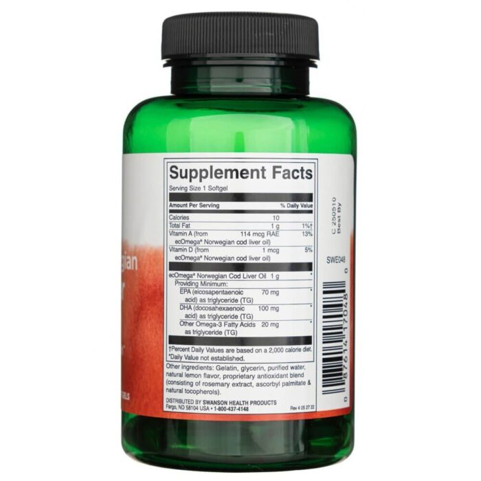 Swanson Olej z wątroby dorsza - norweska czystość 1000 mg - 60 kapsułek - obrazek 2